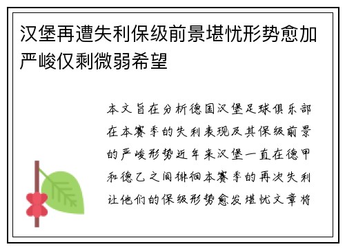 汉堡再遭失利保级前景堪忧形势愈加严峻仅剩微弱希望